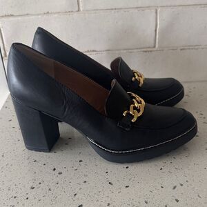 Naturalizer Callie-Moc Black Leather Block Heel Loafers Gold Chain Size 9.5 EUC